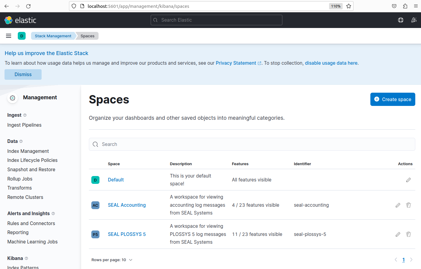 Configuration Spaces of Kibana